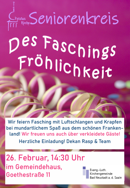 Einladungsplakat zum Seniorenfasching am 26.2.25 in Bad Neustadt